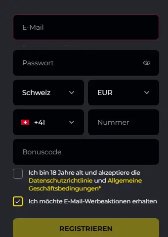 Registrierungsformular – Spielerkonto mit E-Mail-Adresse und Passwort erstellen